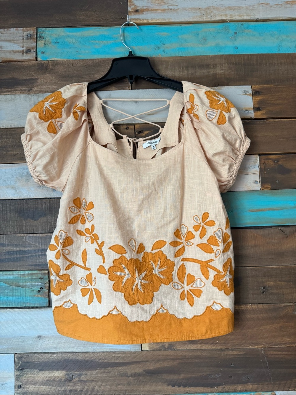Madewell Embroidered Lace-Up Back Blouse Puff Sleeve Orange Floral | Size M